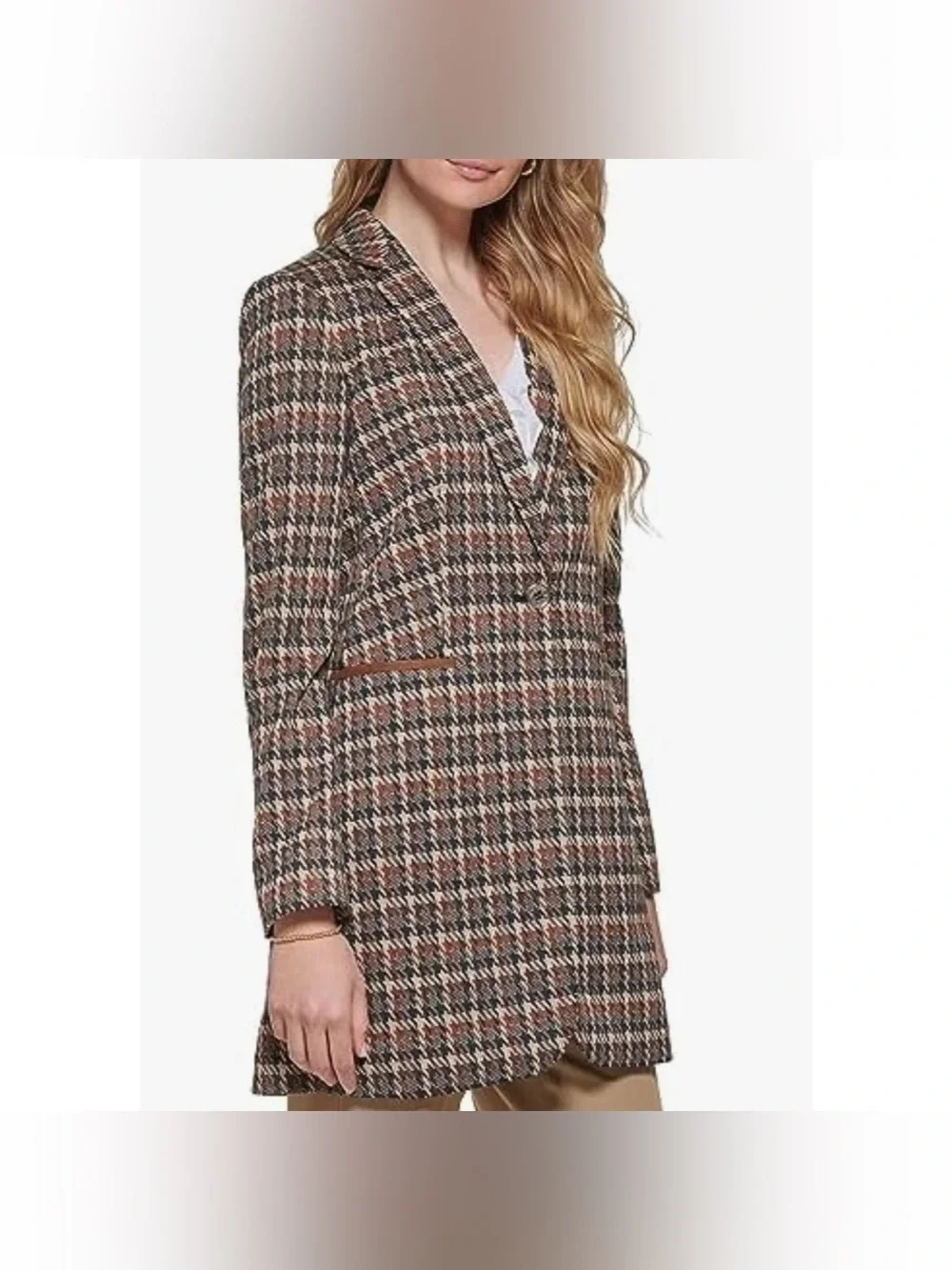 Tommy Hilfiger Plaid Houndstooth Blazer w Faux Leather Pocket Trim Size:6 NWOT - Picture 2 of 16